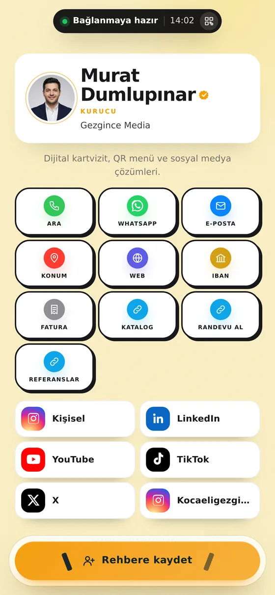Gün Batımı Bal teması ile hazırlanmış Kartvi kartvizit ekranı