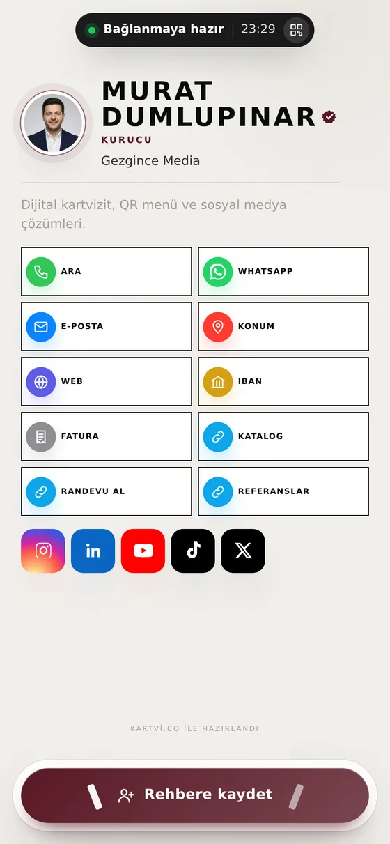 Haute Editorial teması ile hazırlanmış Kartvi kartvizit ekranı