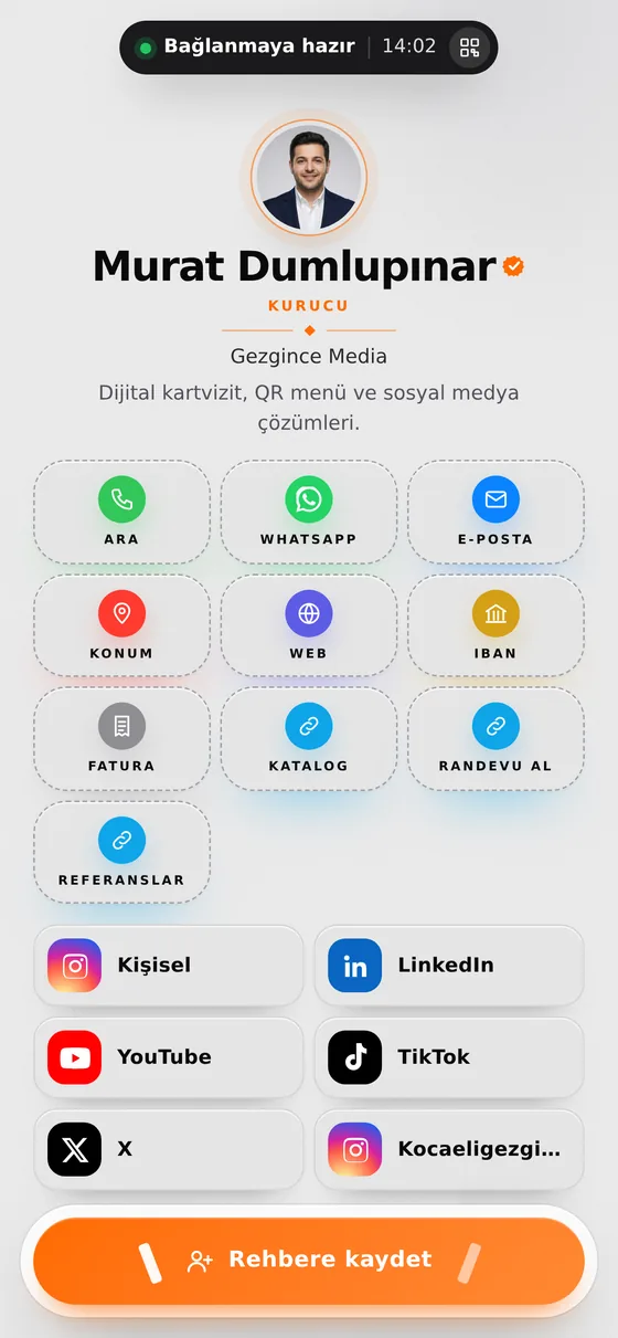 Neo-Endüstriyel teması ile hazırlanmış Kartvi kartvizit ekranı