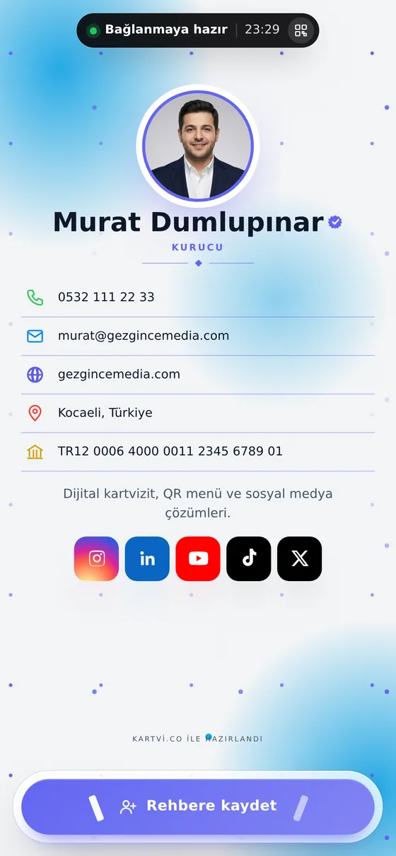 Fintech Glow teması ile hazırlanmış Kartvi kartvizit ekranı