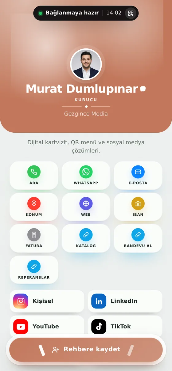 Organik İskandinav teması ile hazırlanmış Kartvi kartvizit ekranı