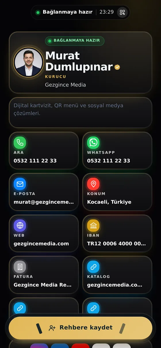 Obsidian Royale teması ile hazırlanmış Kartvi kartvizit ekranı