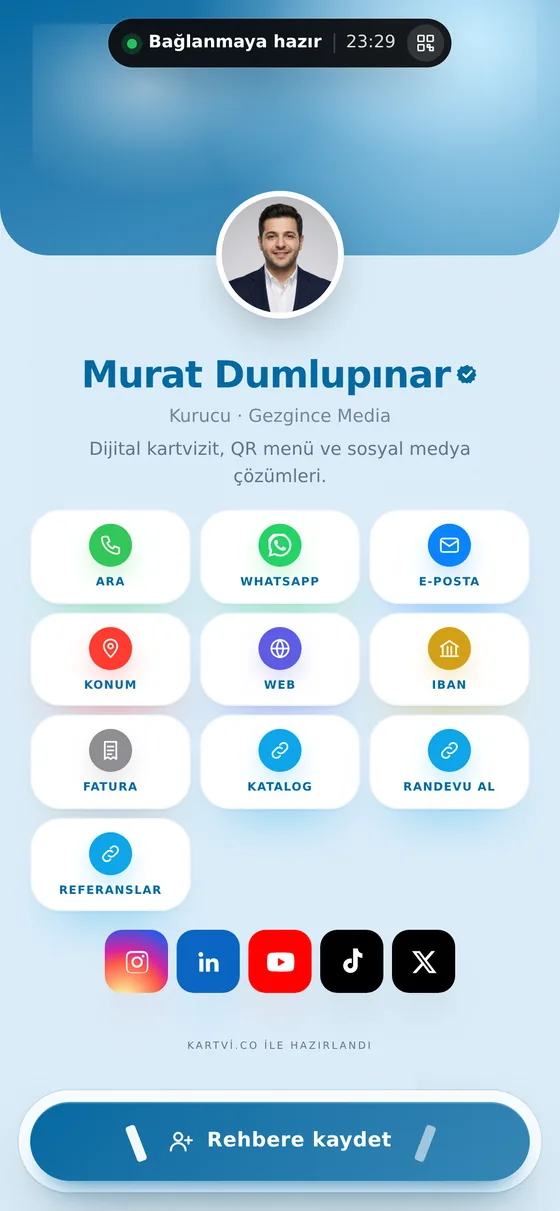 Sahil Esintisi teması ile hazırlanmış Kartvi kartvizit ekranı